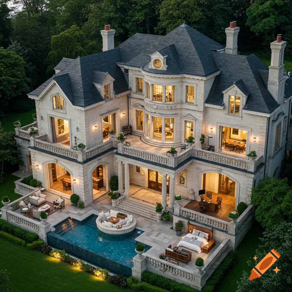 An aerial view of a grand, luxurious mansion with multiple stories, balconies, a pool, and outdoor living areas surrounded by lush green trees.