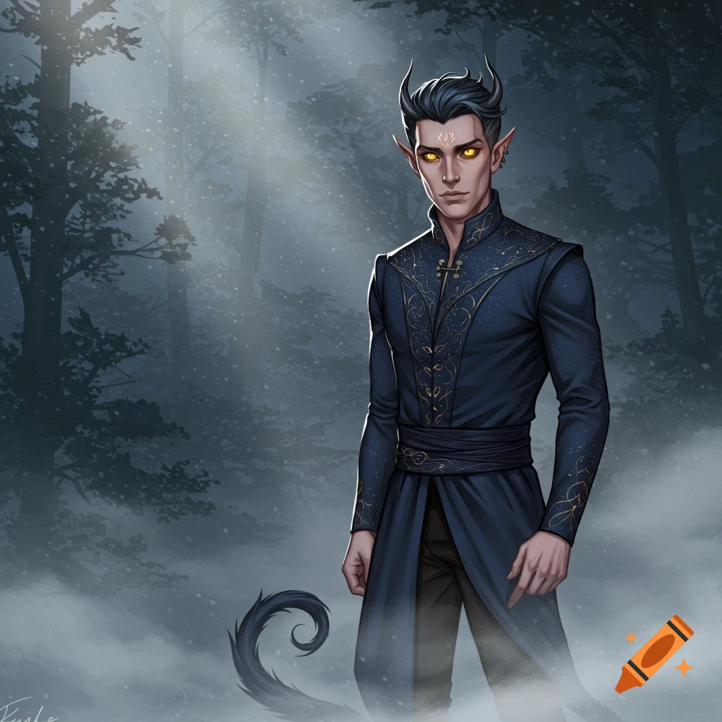 A male fantasy character with pointed ears, small horns, yellow eyes, and a tail, wearing an ornate blue tunic in a misty forest.