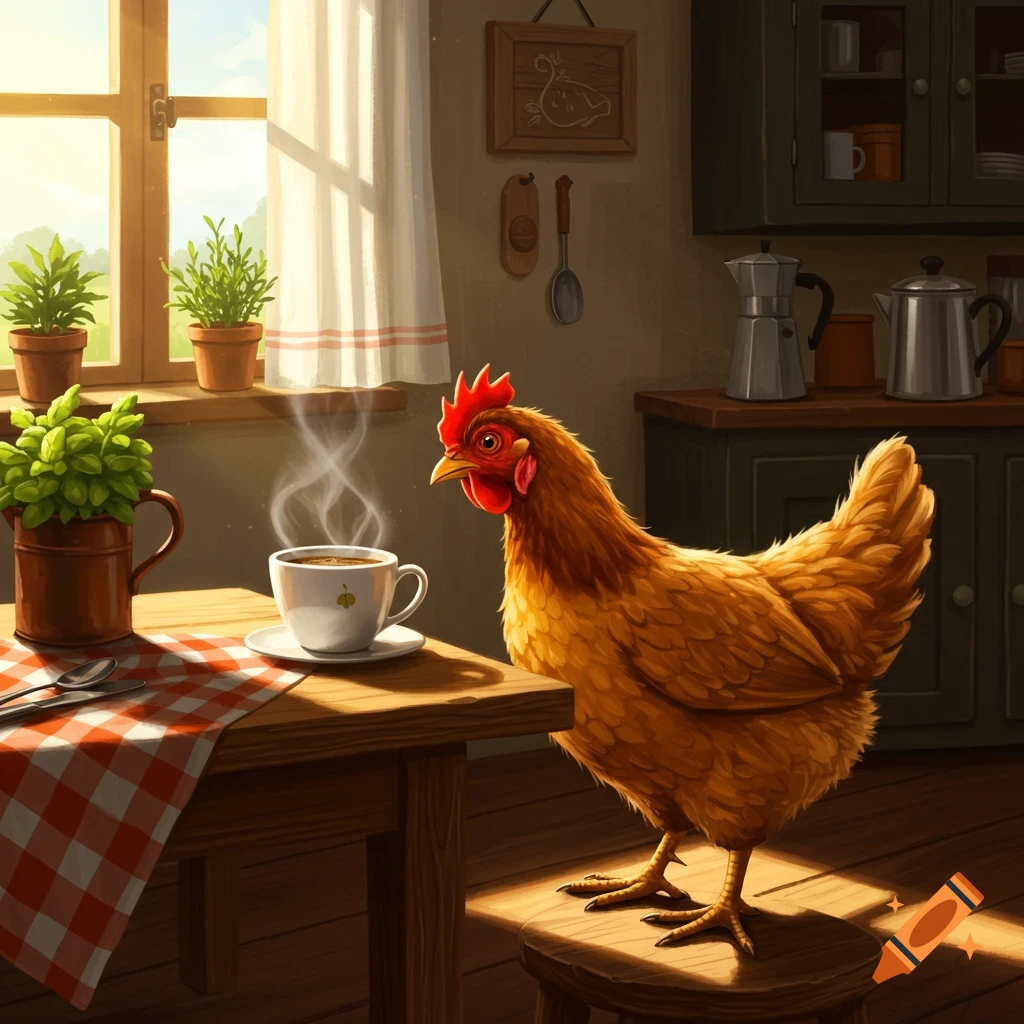 A brown chicken stands on a stool next to a steaming coffee cup on a table in a sunlit kitchen.