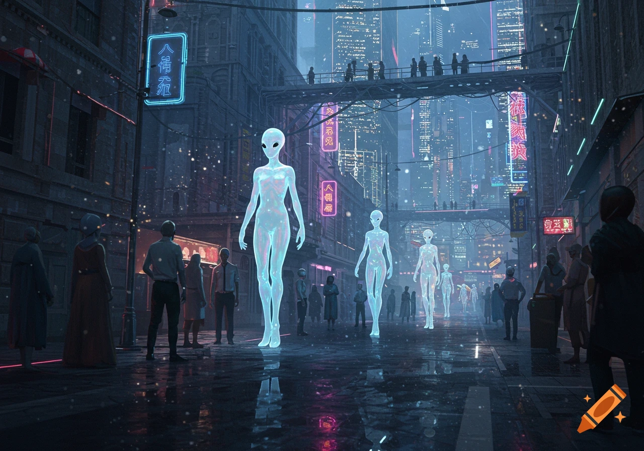 A photorealistic depiction of a futuristic city street at night, where humans observe glowing, translucent alien figures amidst neon signs.
