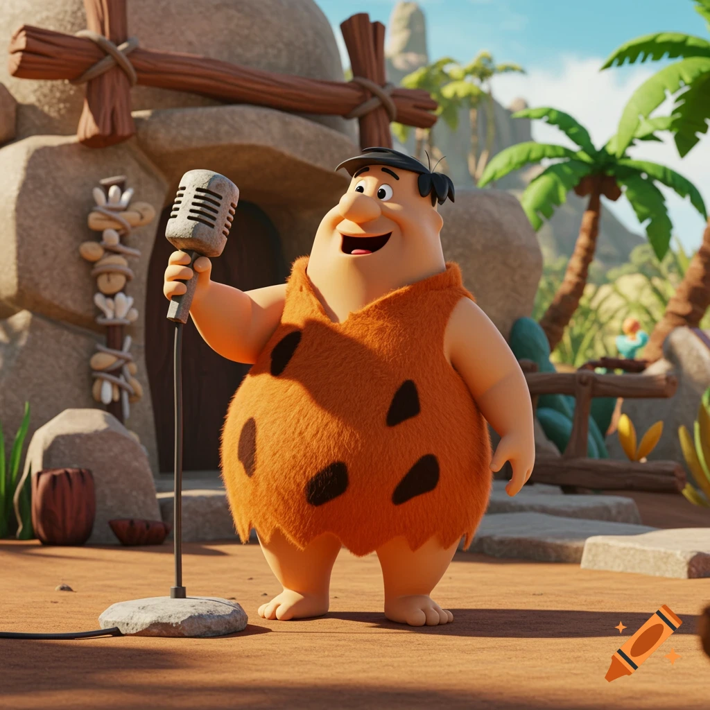 Barney Rubble, a smiling cartoon character, holds a vintage microphone in a 3D animated prehistoric scene.