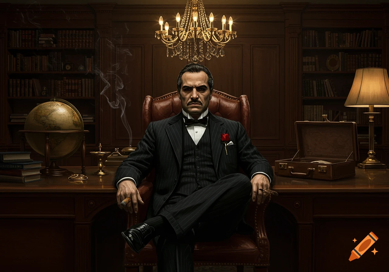 A stern man in a pinstripe suit and bow tie sits in a leather chair behind a grand wooden desk, holding a cigar. A globe and bookshelves are visible in the luxurious study.