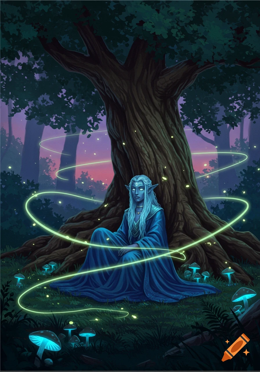 A white-haired elf in blue robes sits under a large tree in a glowing magical forest with blue mushrooms.