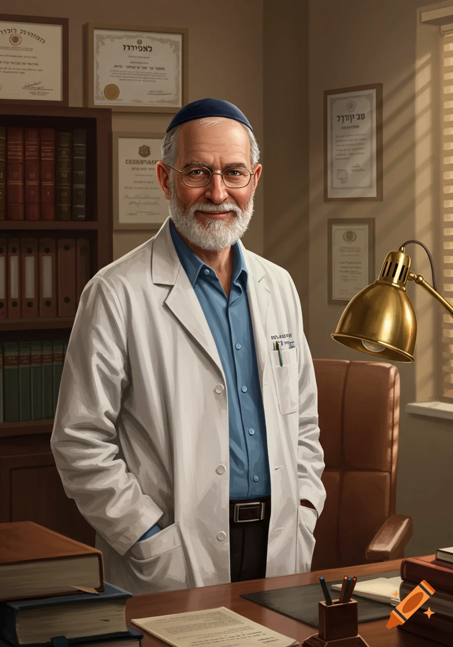 A smiling elderly bearded Jewish man in a doctor's white lab coat and blue kippah stands in an office with certificates and books.