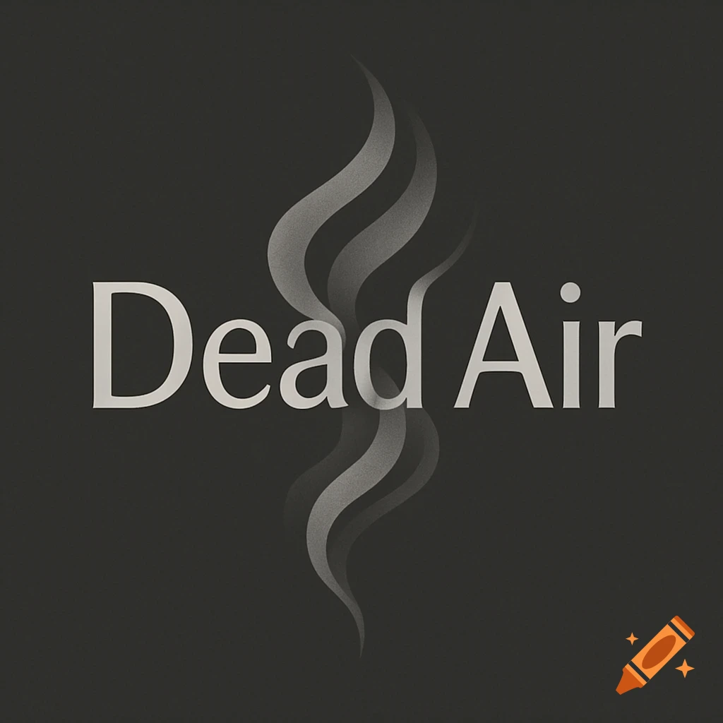 A dark grey square logo with the words "Dead Air" in light grey sans-serif font, partially intersected by wavy, semi-transparent smoke-like wisps.
