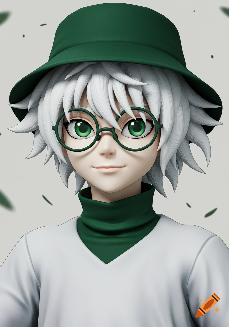 Close-up anime portrait of a young person with white spiky hair, green eyes, green round glasses, a green bucket hat, and a green turtleneck under a white shirt.