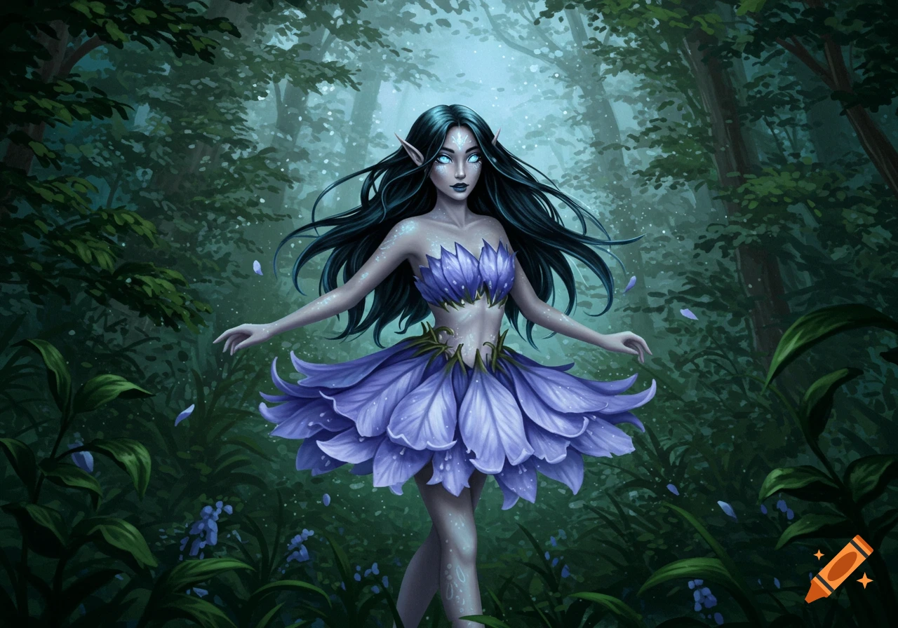 A blue-skinned fairy-like person with pointed ears and dark hair, wearing a purple flower petal outfit, stands in a dark, lush forest.