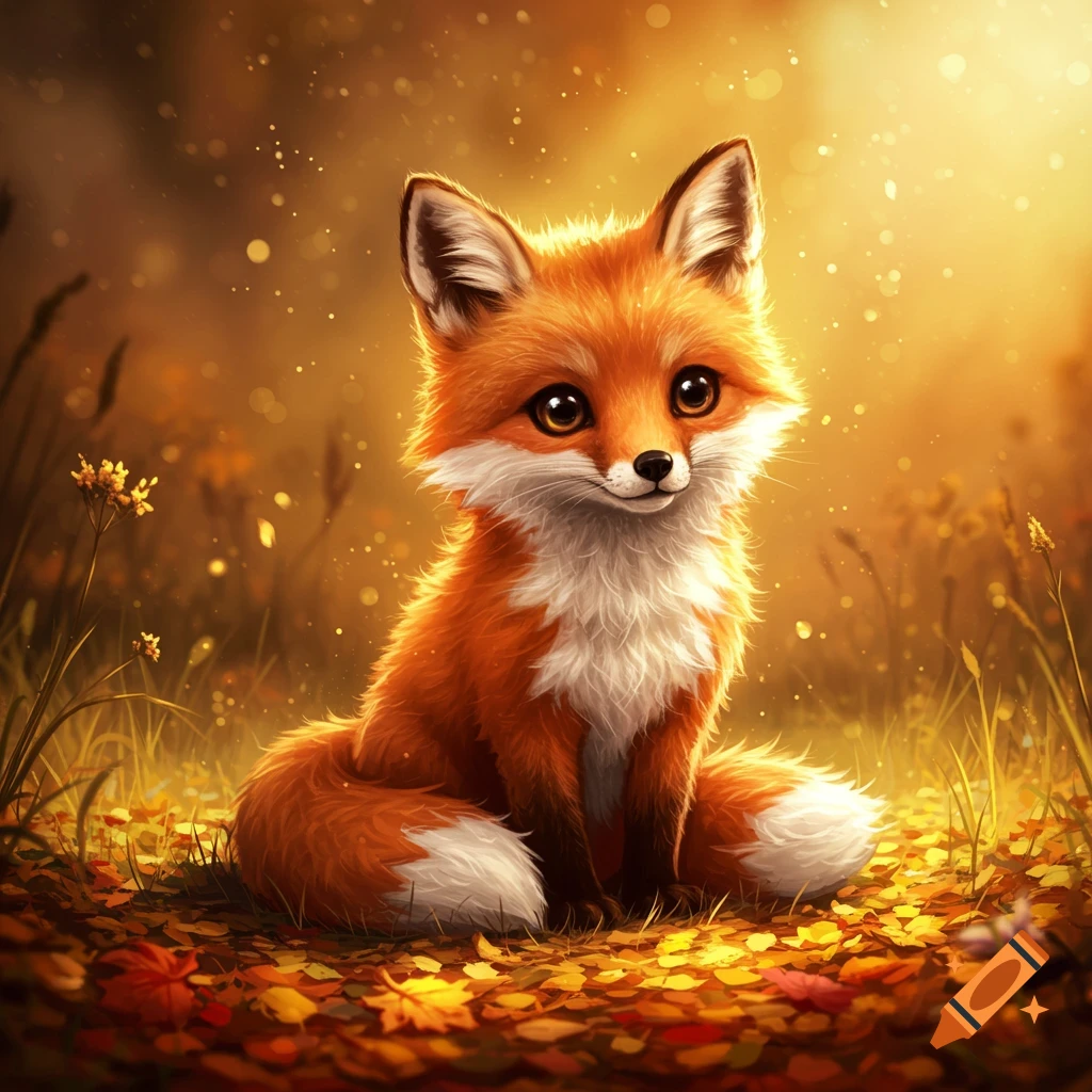 A cute, fluffy orange fox with big eyes sits among autumn leaves in a glowing forest.