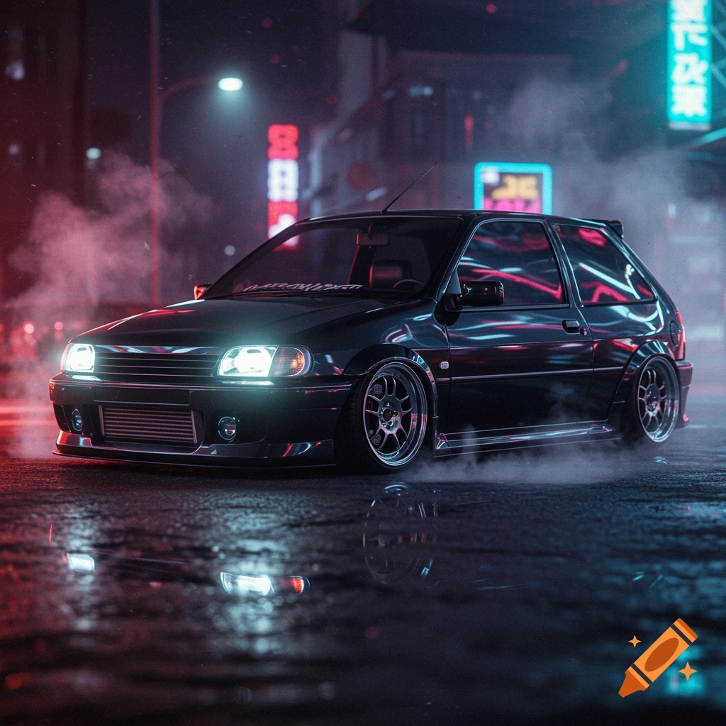 A black Ford Fiesta, lowered to the ground, is parked on a wet city street at night, illuminated by neon signs and its bright headlights, with smoke visible around its tires.