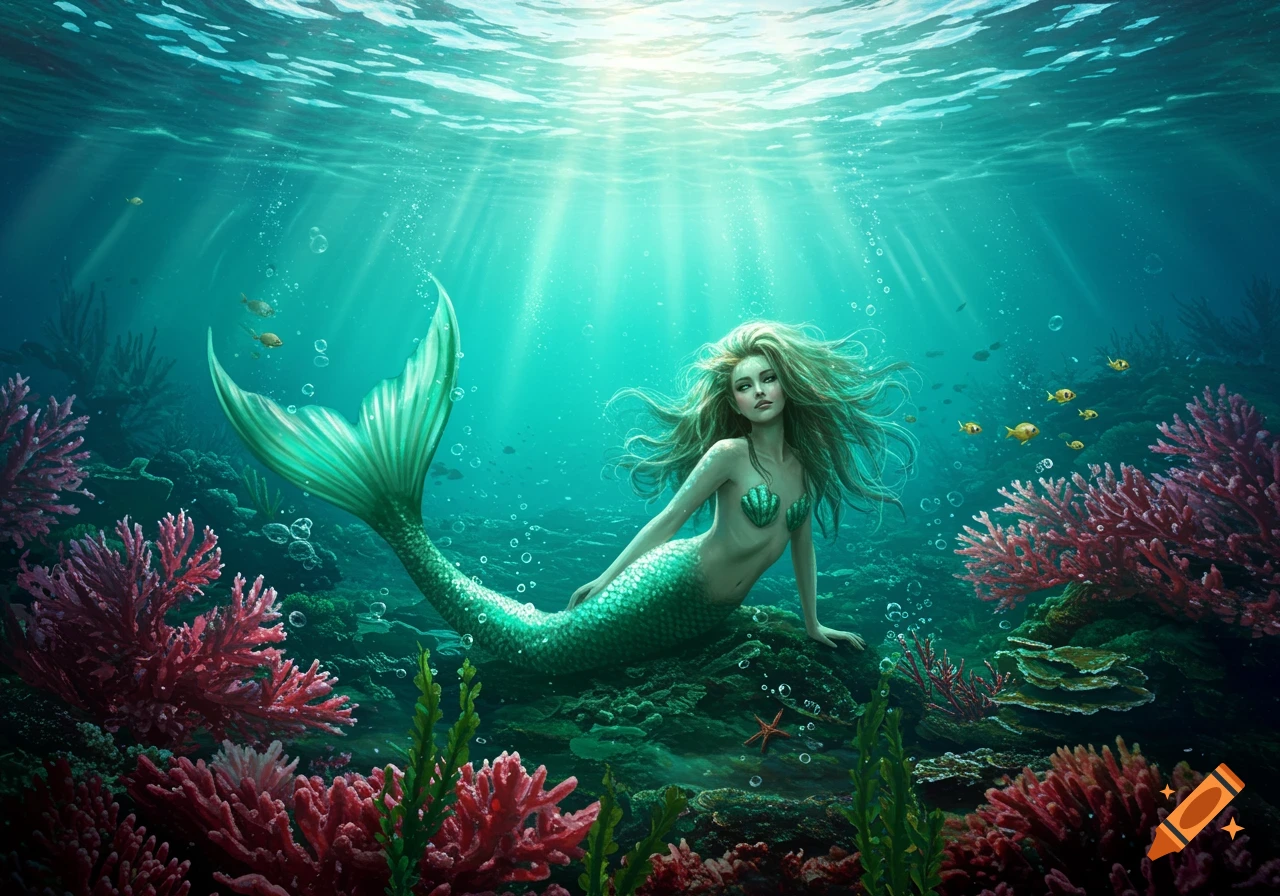 A beautiful mermaid with flowing hair and a green tail sits on coral underwater, surrounded by fish and sunlight filtering through the water.