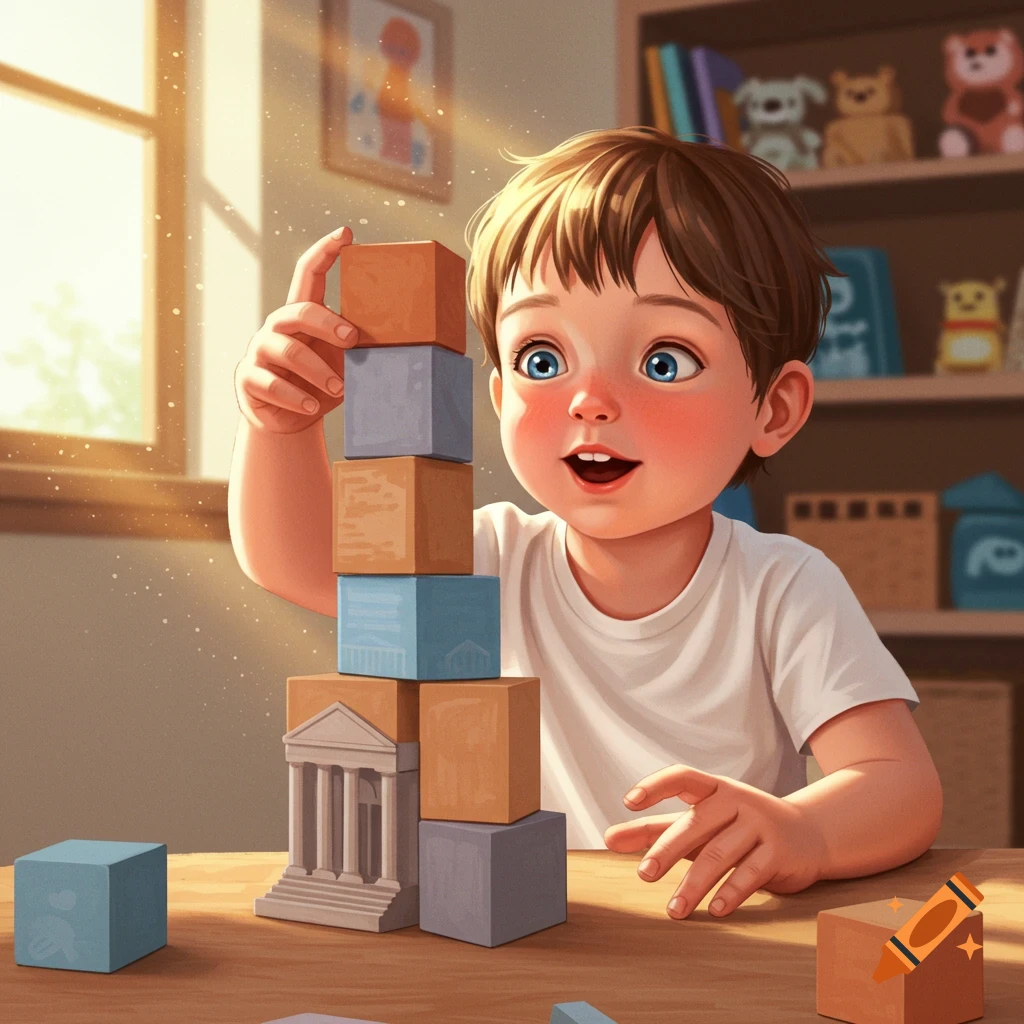 A young child with blue eyes and brown hair is stacking wooden blocks, one resembling a classical building, in a sunny room.