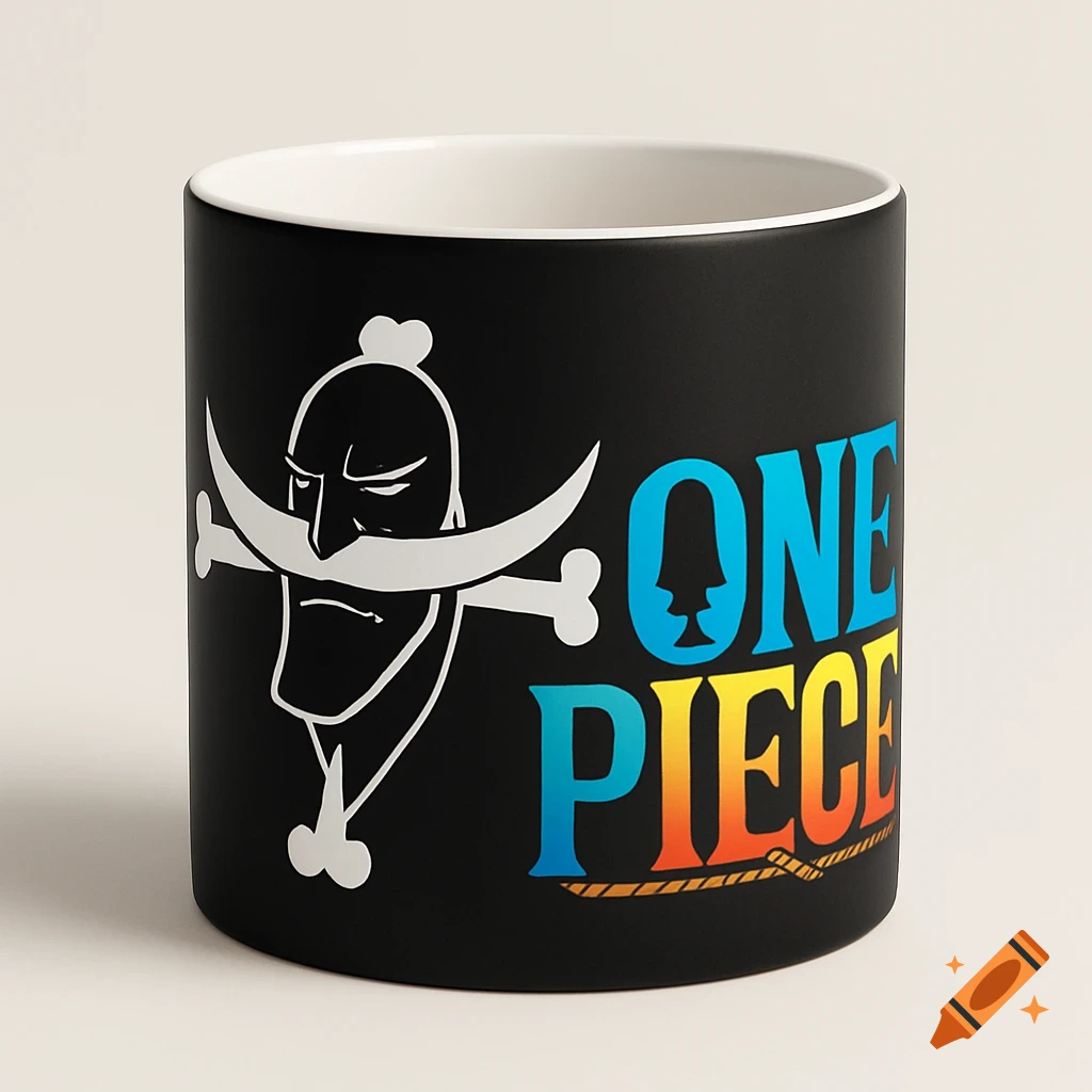 A black mug featuring the Whitebeard pirate flag logo and the colorful ONE PIECE title logo.