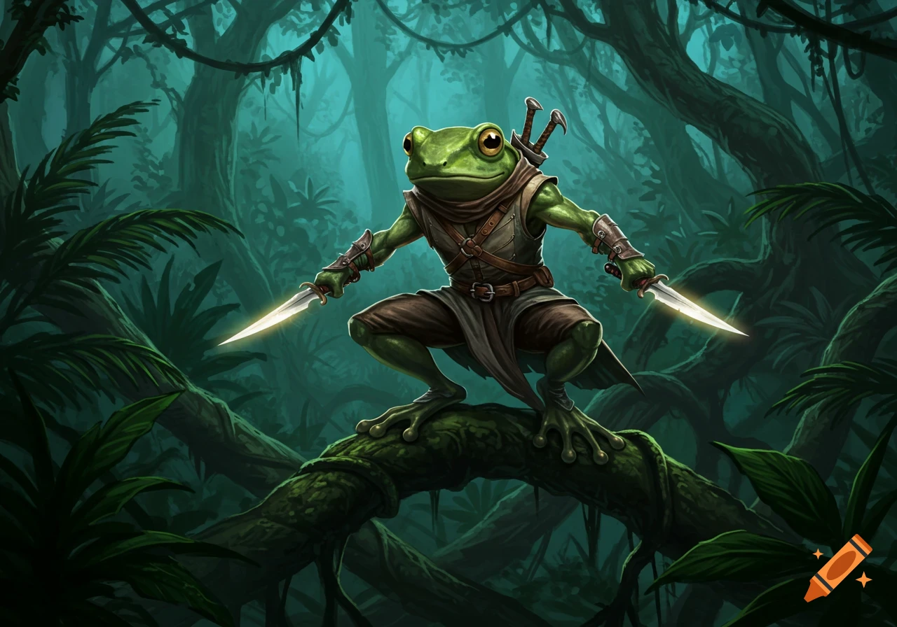 A dark green frog rogue assassin in a jungle, crouching on a mossy branch and holding two glowing daggers.