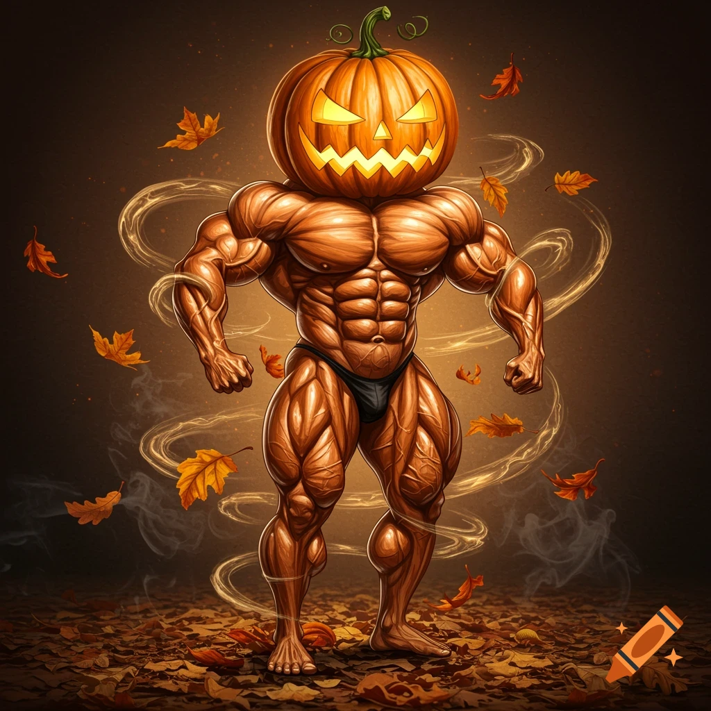 Muscular bodybuilder with a jack-o'-lantern head, wearing black briefs, standing among autumn leaves with glowing swirls.