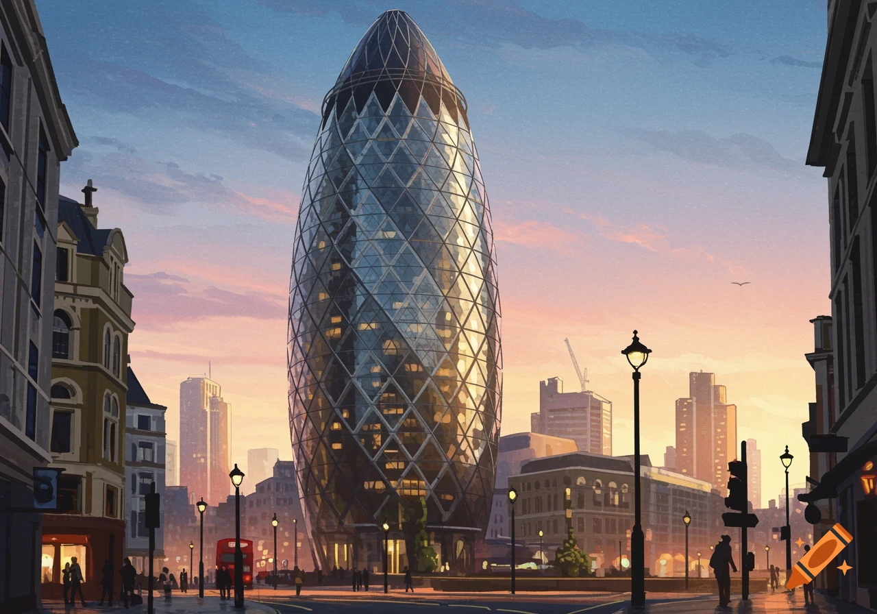 A drawing of the Gherkin skyscraper in a bustling city at sunset, with old buildings and streetlights.