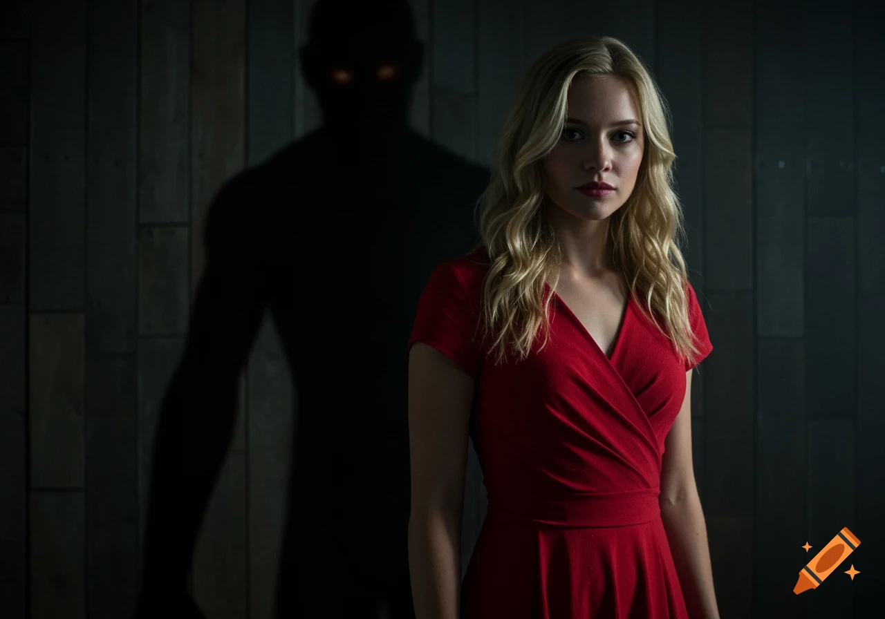 A photorealistic image of a blonde woman in a red dress standing in front of a dark, menacing shadowy figure with glowing eyes.