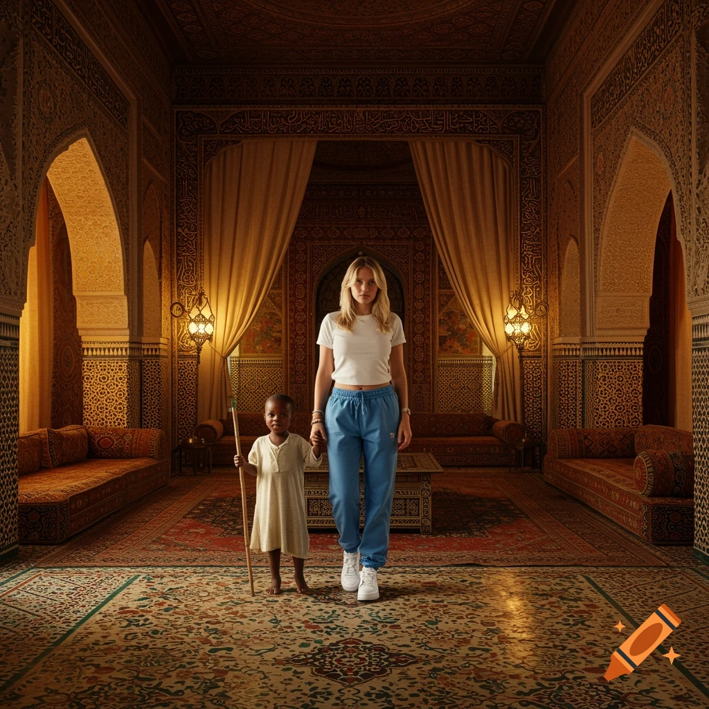 A blonde woman in modern athletic wear holding hands with a small Black boy holding a stick, standing in an ornate Moroccan-style room.