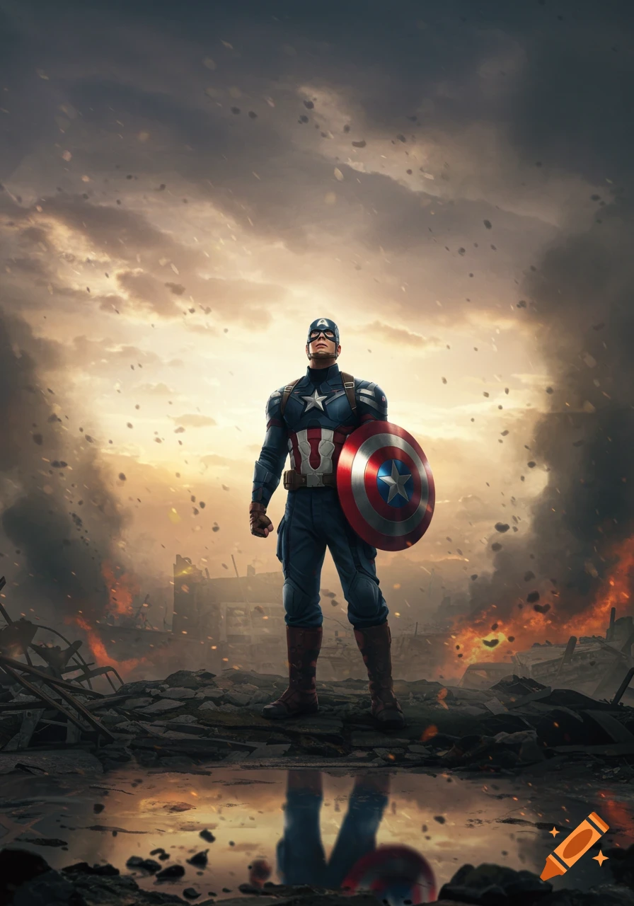 Captain America stands heroically in a destroyed, smoky city with burning rubble and a dramatic sky at sunset.