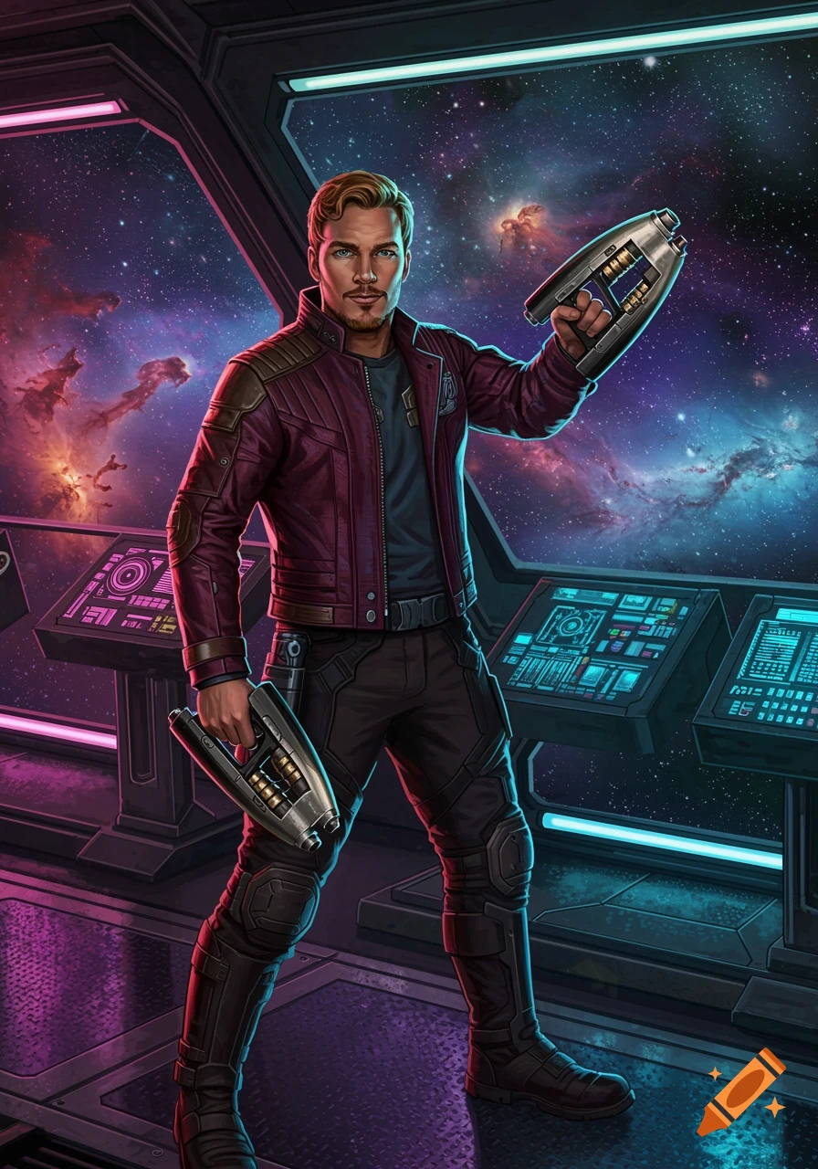 Star-Lord stands in a spaceship cockpit, holding two blasters, against a colorful nebula-filled space background in an illustrative style.