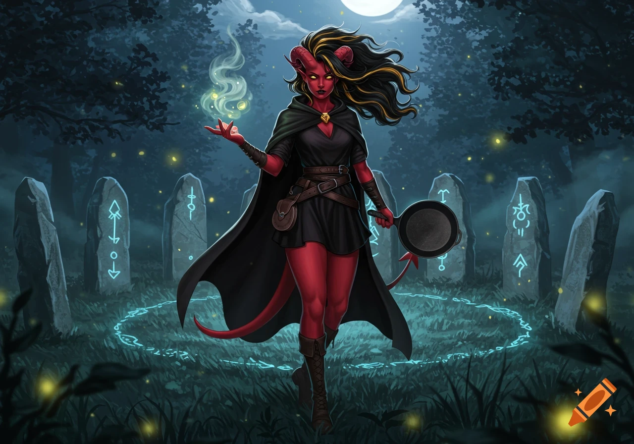 A red-skinned tiefling sorceress with black and gold hair, a black dress and cloak, holds a frying pan in a moonlit forest with glowing runes.