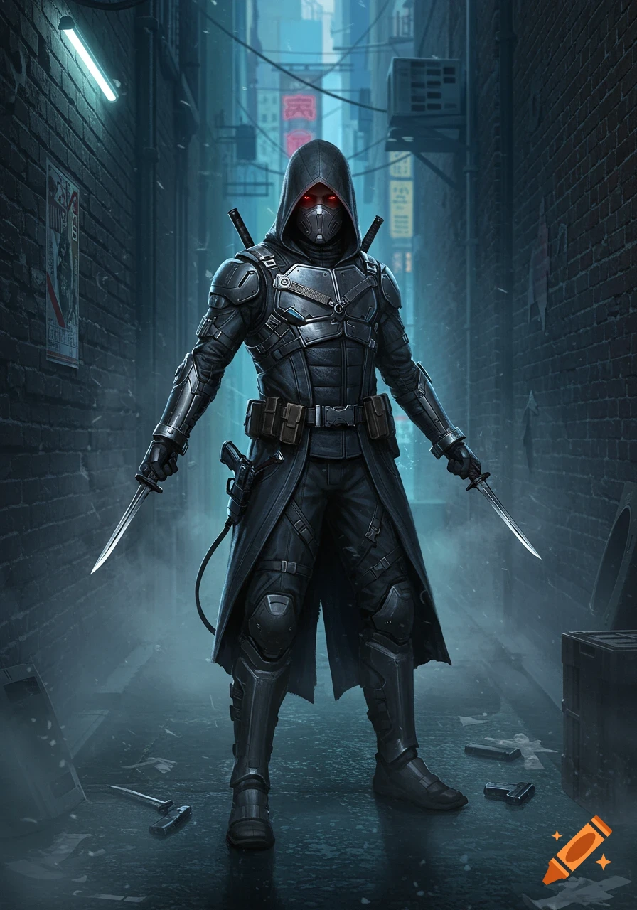 A heavily armored assassin with glowing red eyes stands in a dark, neon-lit cyberpunk alley, holding two daggers.