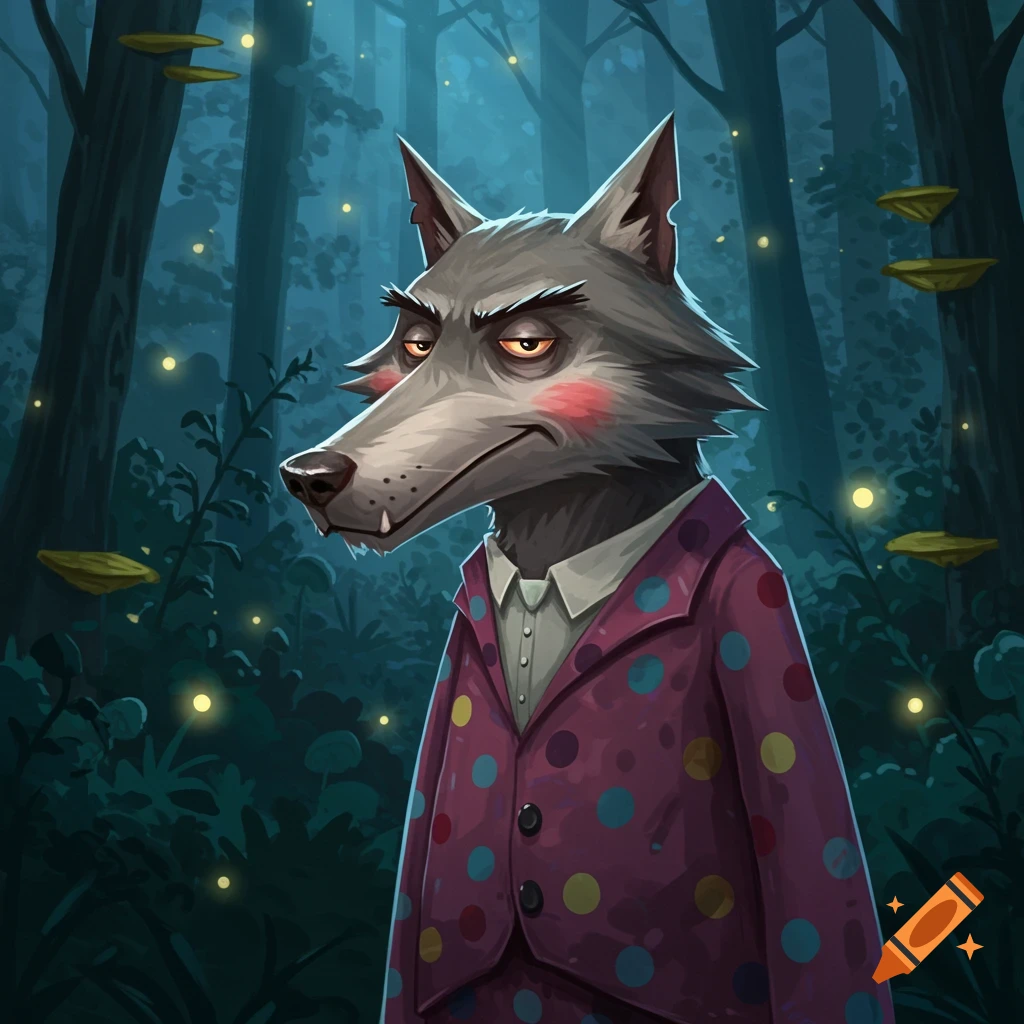 Cartoon wolf in a polka-dotted suit in a dark, firefly-lit forest.