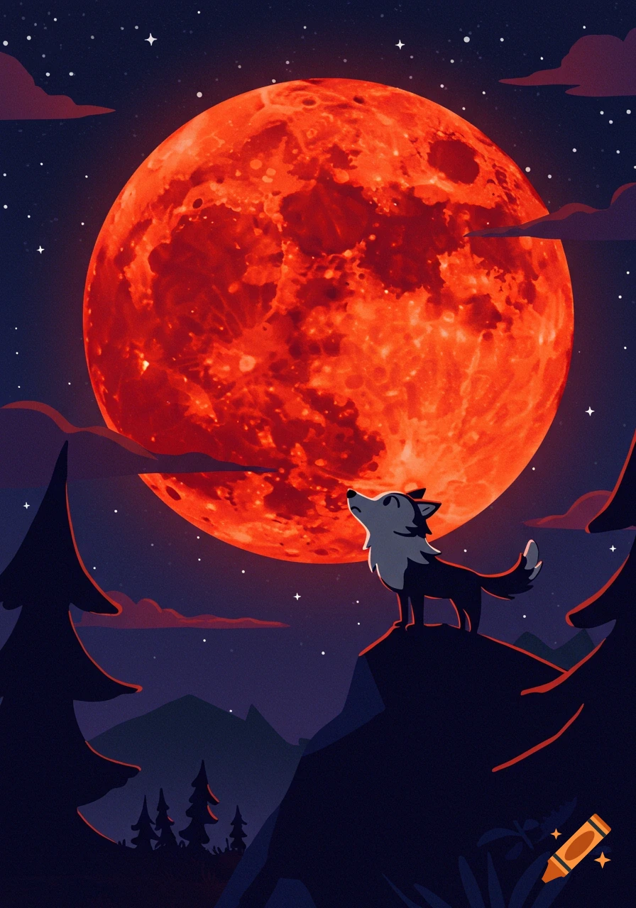 Cartoony illustration of a wolf howling at a large red blood moon in a starry night sky.