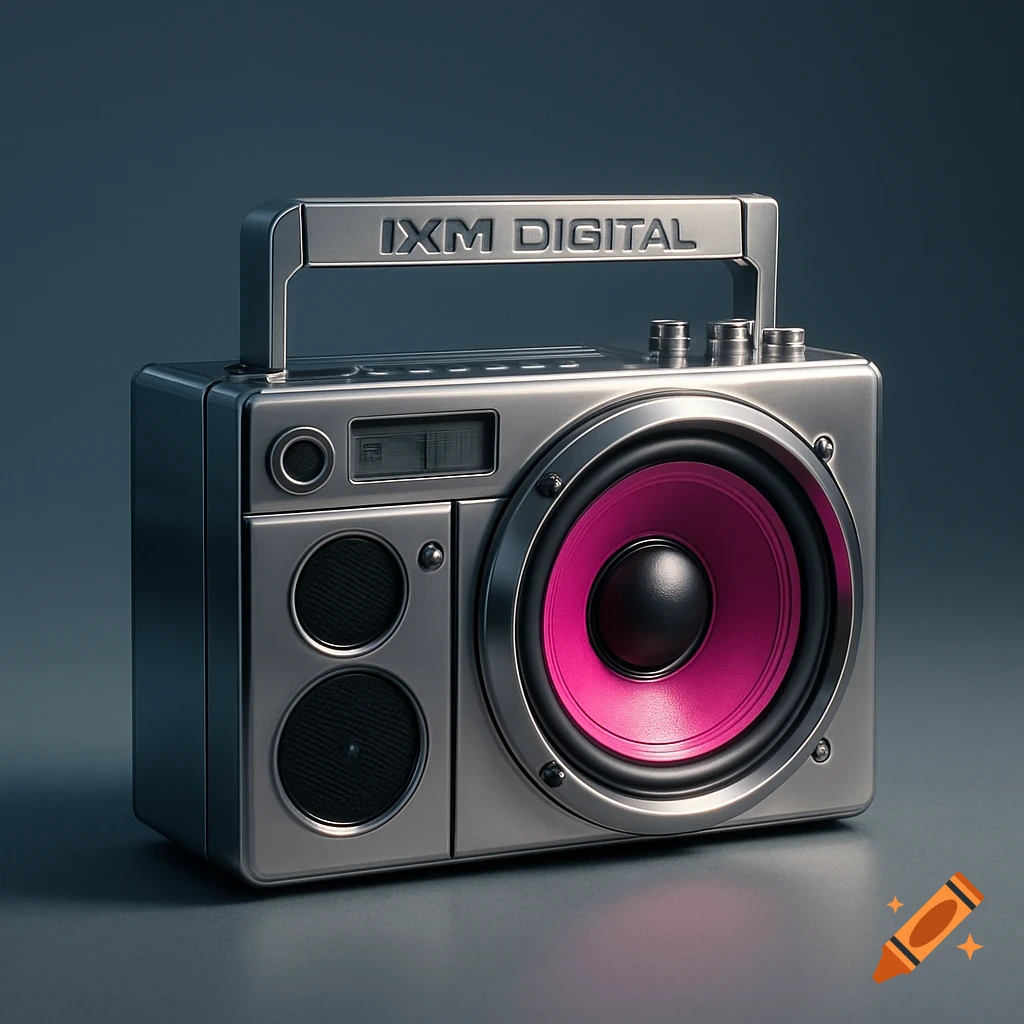 A photorealistic silver boombox radio with a large magenta speaker and 'IXM DIGITAL' on the handle.