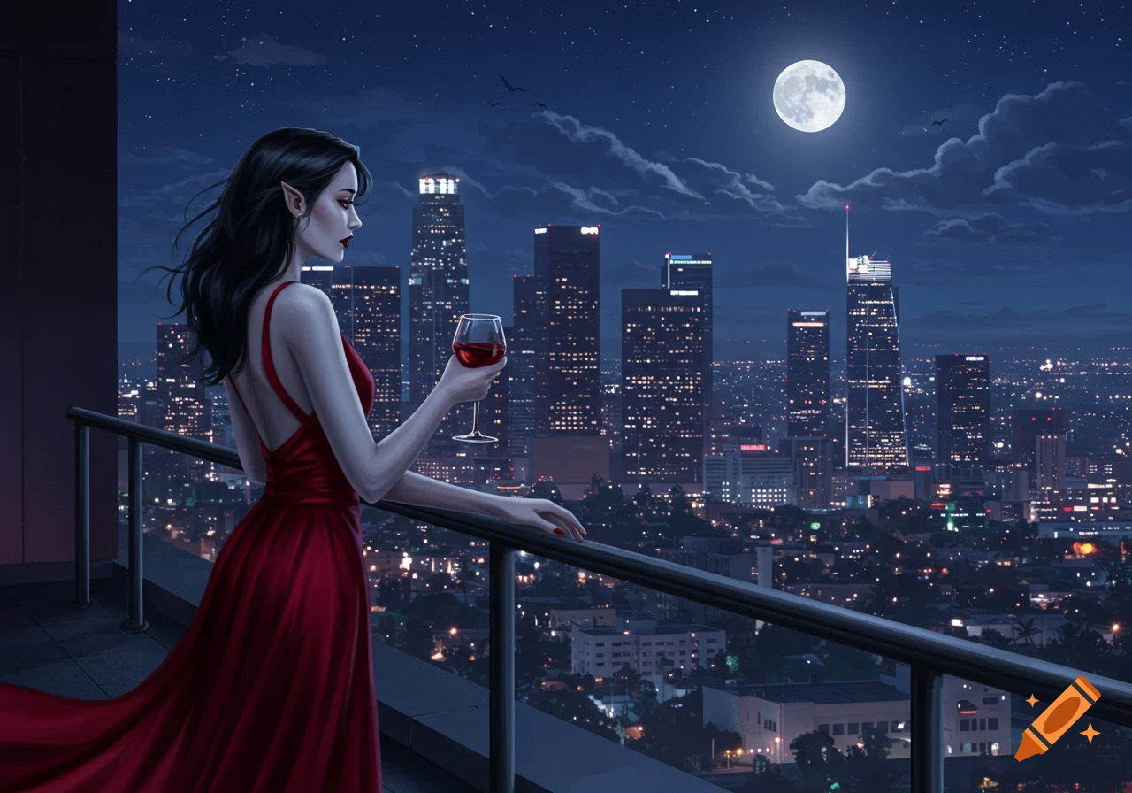 A pale vampire woman in a flowing red dress stands on a penthouse balcony overlooking a sprawling cityscape at night under a full moon, holding a glass of red wine in a digital painting style.