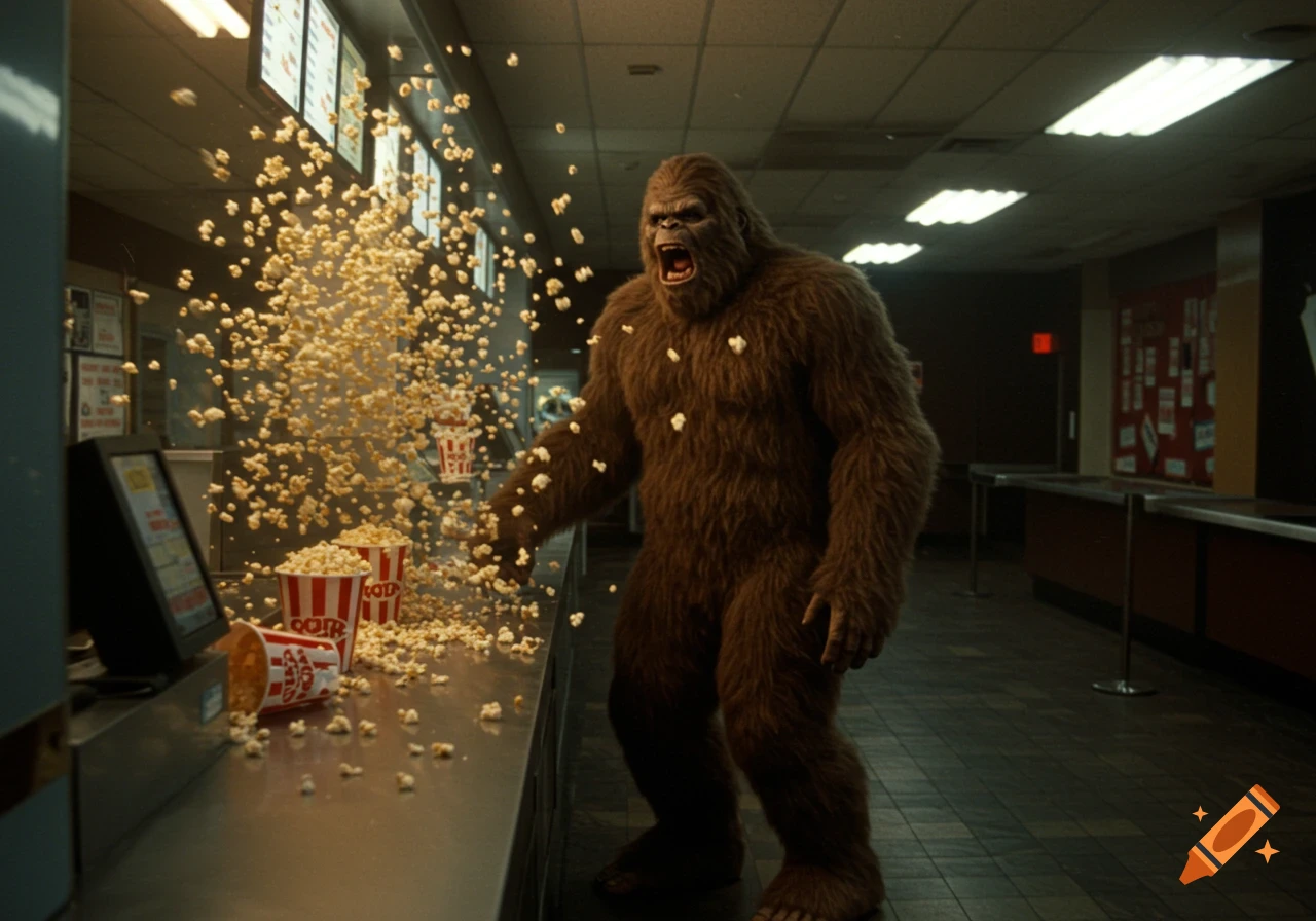 Photorealistic image of an angry Bigfoot at a movie theater counter, surrounded by a large explosion of popcorn spilling from overturned buckets. The scene is dimly lit like security footage.