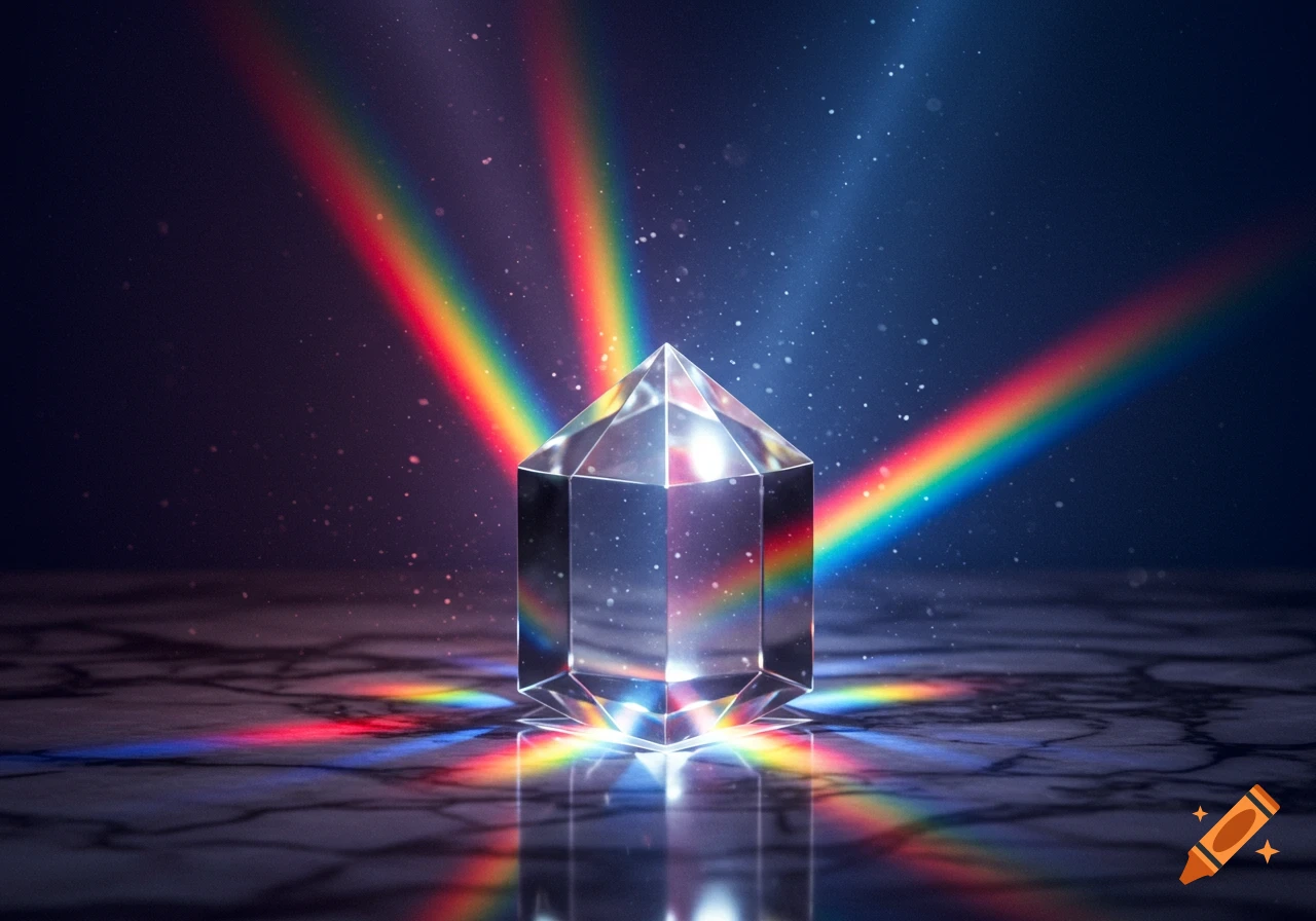 A clear hexagonal crystal prism sits on a dark marble surface, refracting bright rainbow light beams and casting colorful reflections.