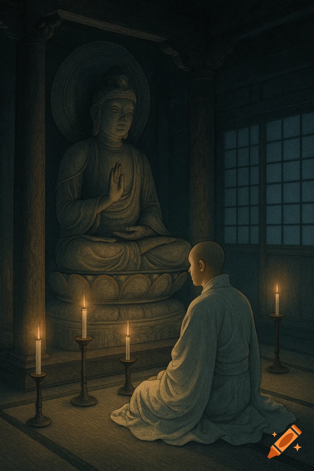 A Buddhist priest kneels before a Buddha statue in a dimly lit Japanese temple, illuminated by candlelight.