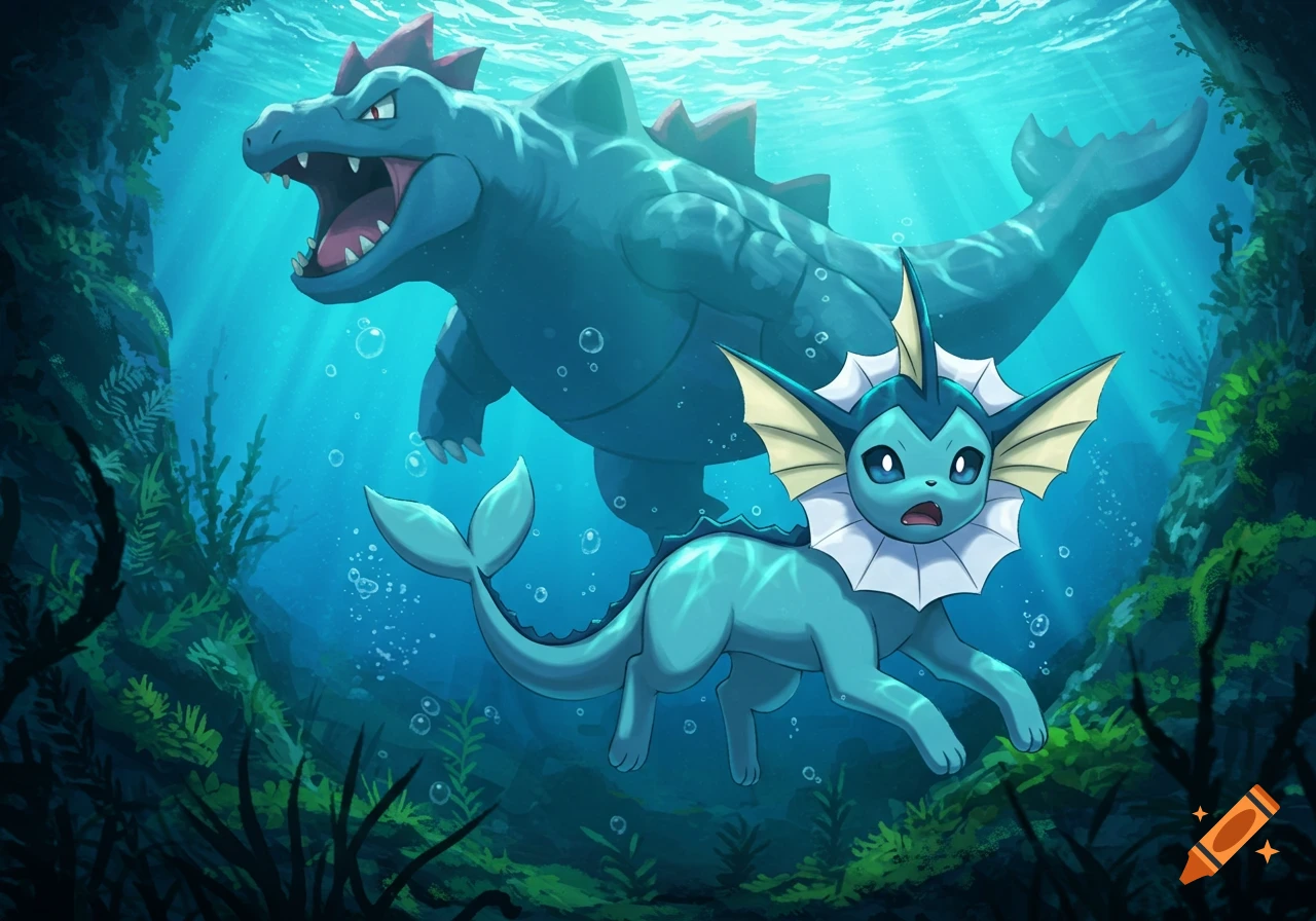 A scared Vaporeon swims away from a large, roaring Feraligatr in a vibrant underwater scene.