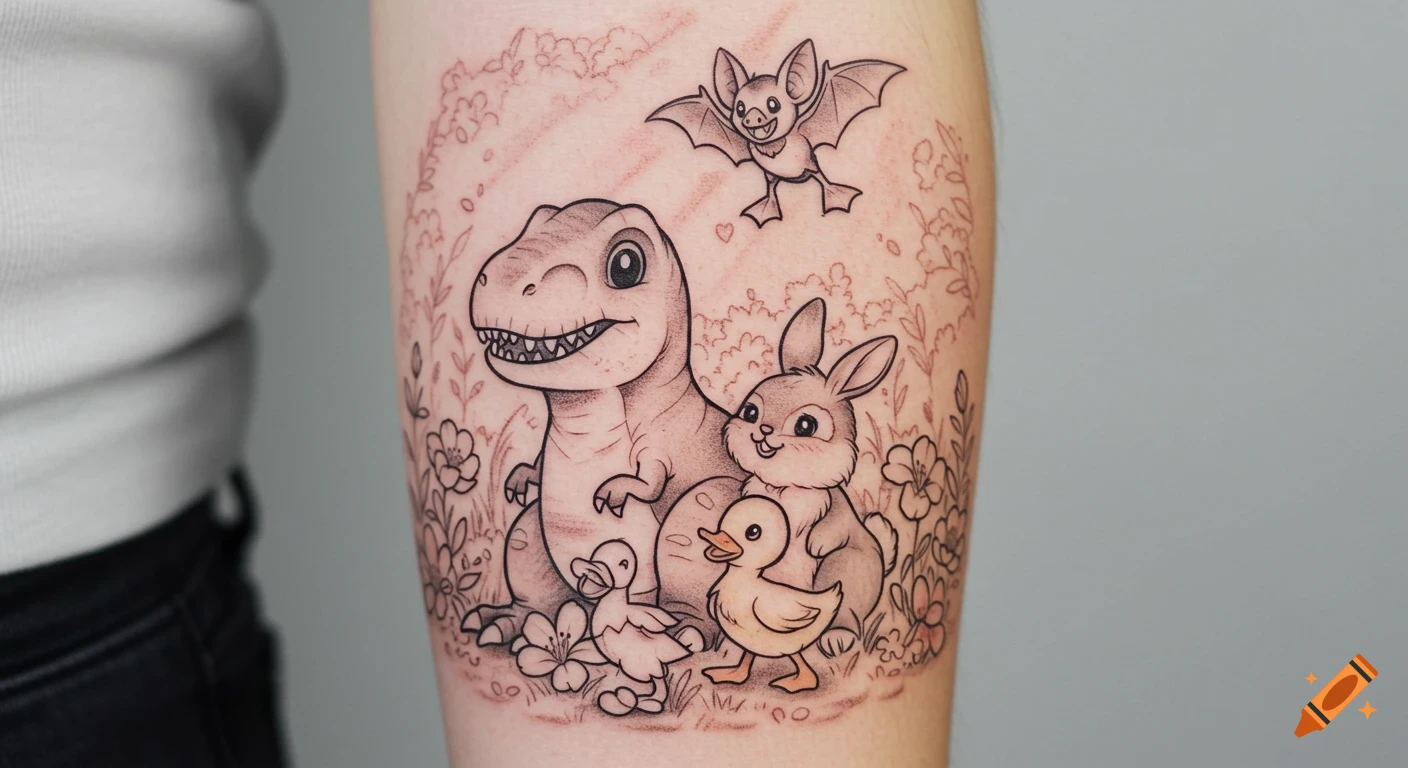 A black and white line art tattoo of a cute T-Rex, bunny, two ducklings, and a bat in a floral setting on a person's arm.