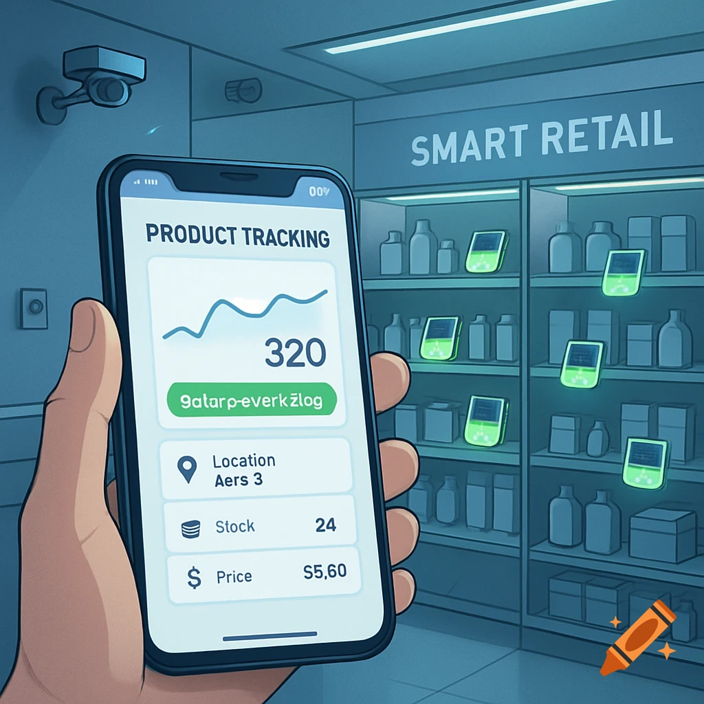 A modern digital illustration of a hand holding a smartphone with a product tracking app interface, set in a smart retail store with glowing product tags and surveillance cameras.