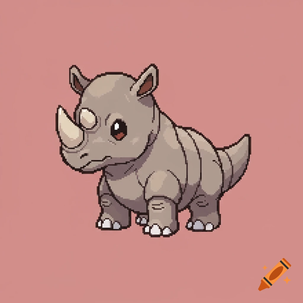 A cute, light brown pixel art sprite of a baby rhino or dinosaur hybrid on a solid pink background.