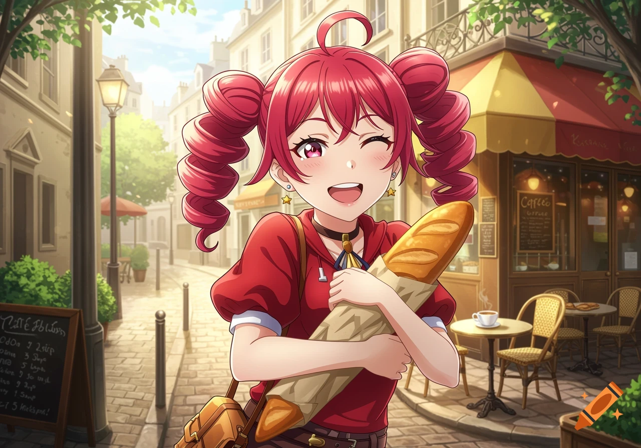 An anime girl with pink pigtails smiles and winks, holding a baguette on a sunny European street with cafes and buildings.