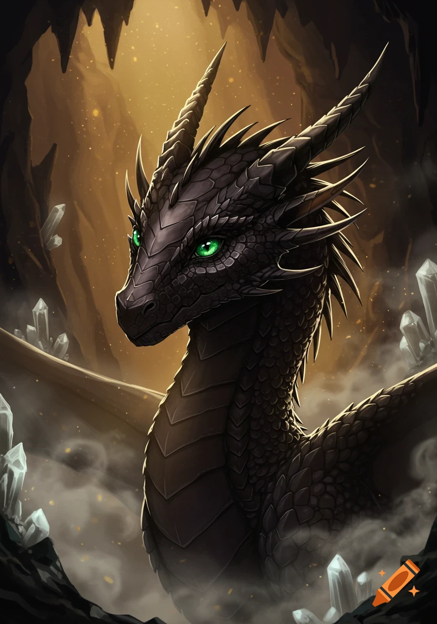 A black dragon with bright green eyes and scales stands in a glowing cave filled with clear crystals.