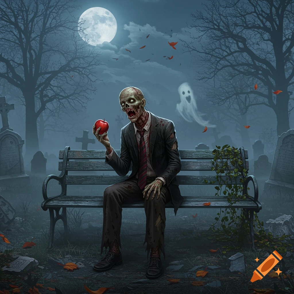 A stylized zombie in a suit sits on a bench in a misty graveyard under a full moon, holding a red apple. A ghostly figure floats in the background.