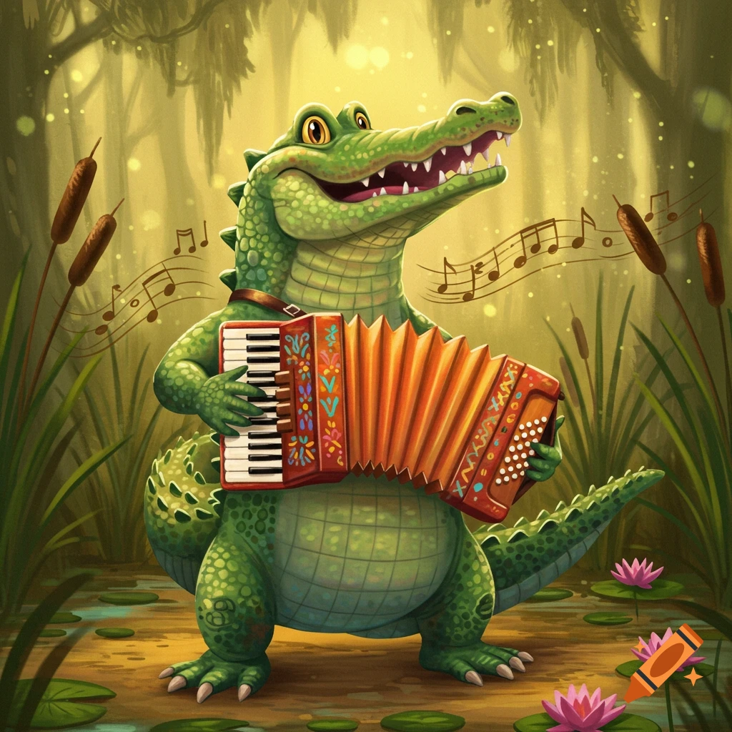 A happy cartoon alligator plays a red accordion in a green swamp with cattails and water lilies.