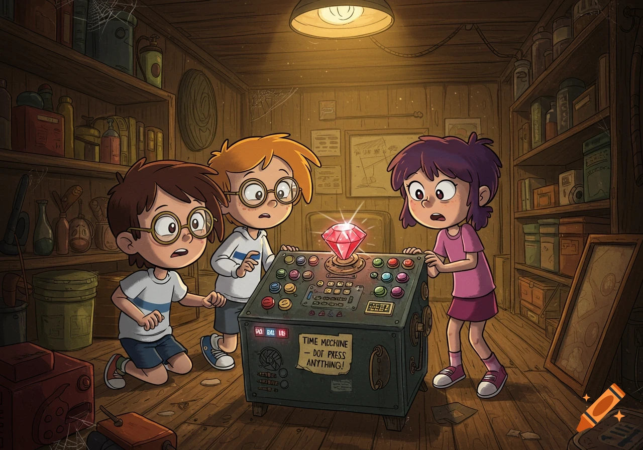 Three surprised cartoon children in a dusty garage look at a glowing gem on an old 'time machine' console.