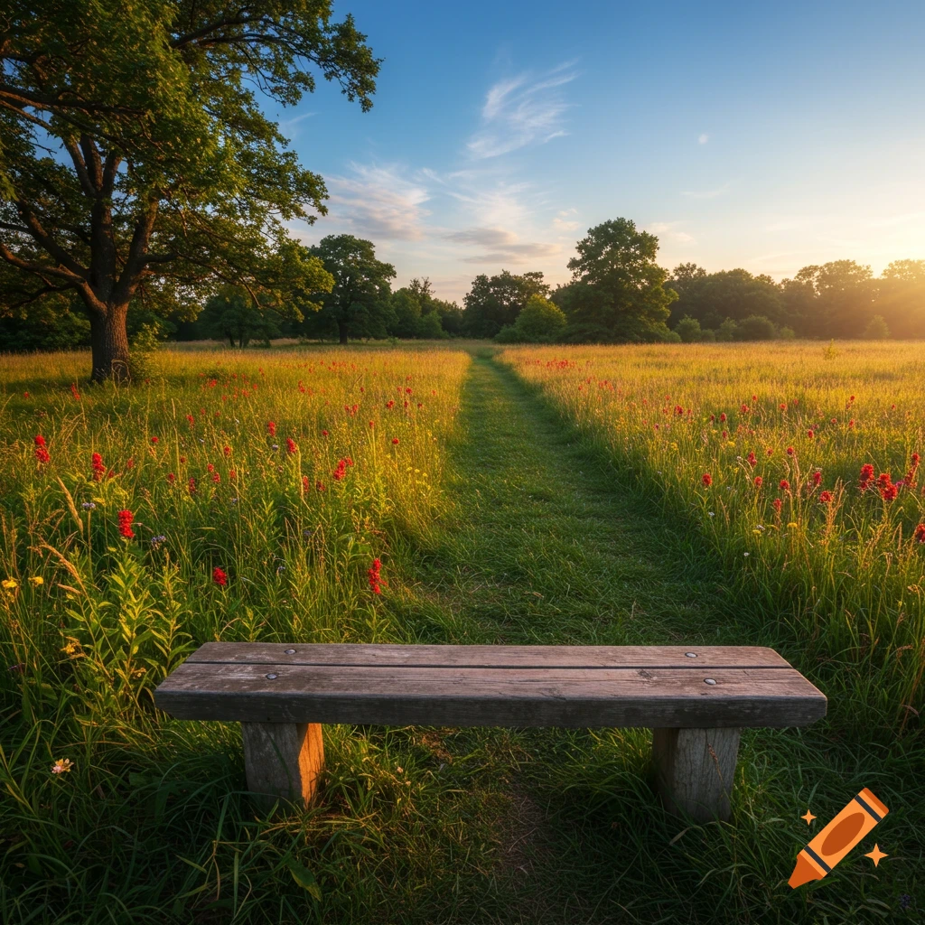 A wooden bench at the start of a path winding through a sunlit field of tall grass and red flowers under a blue sky.