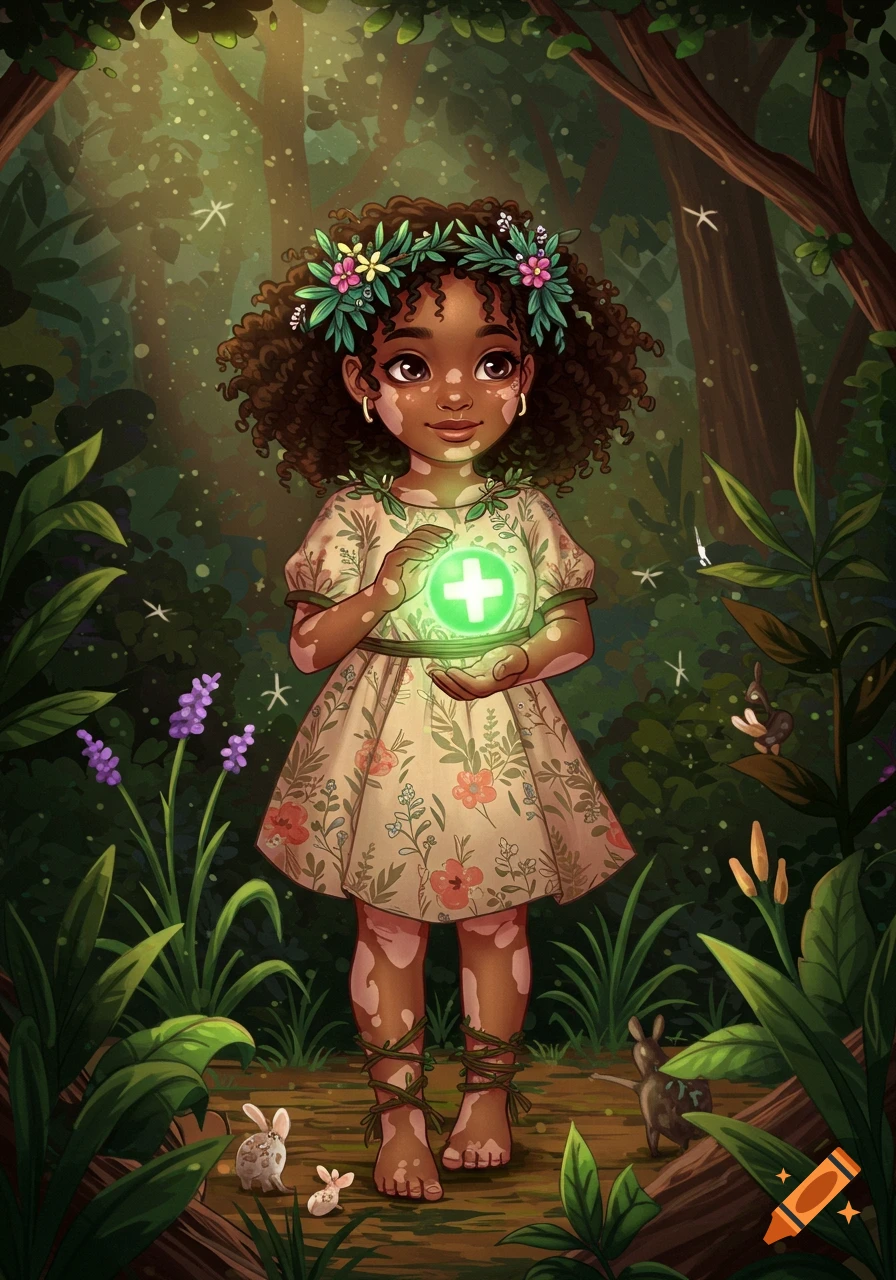 A stylized illustration of a girl with vitiligo in a flower crown, holding a glowing green cross in a magical forest.