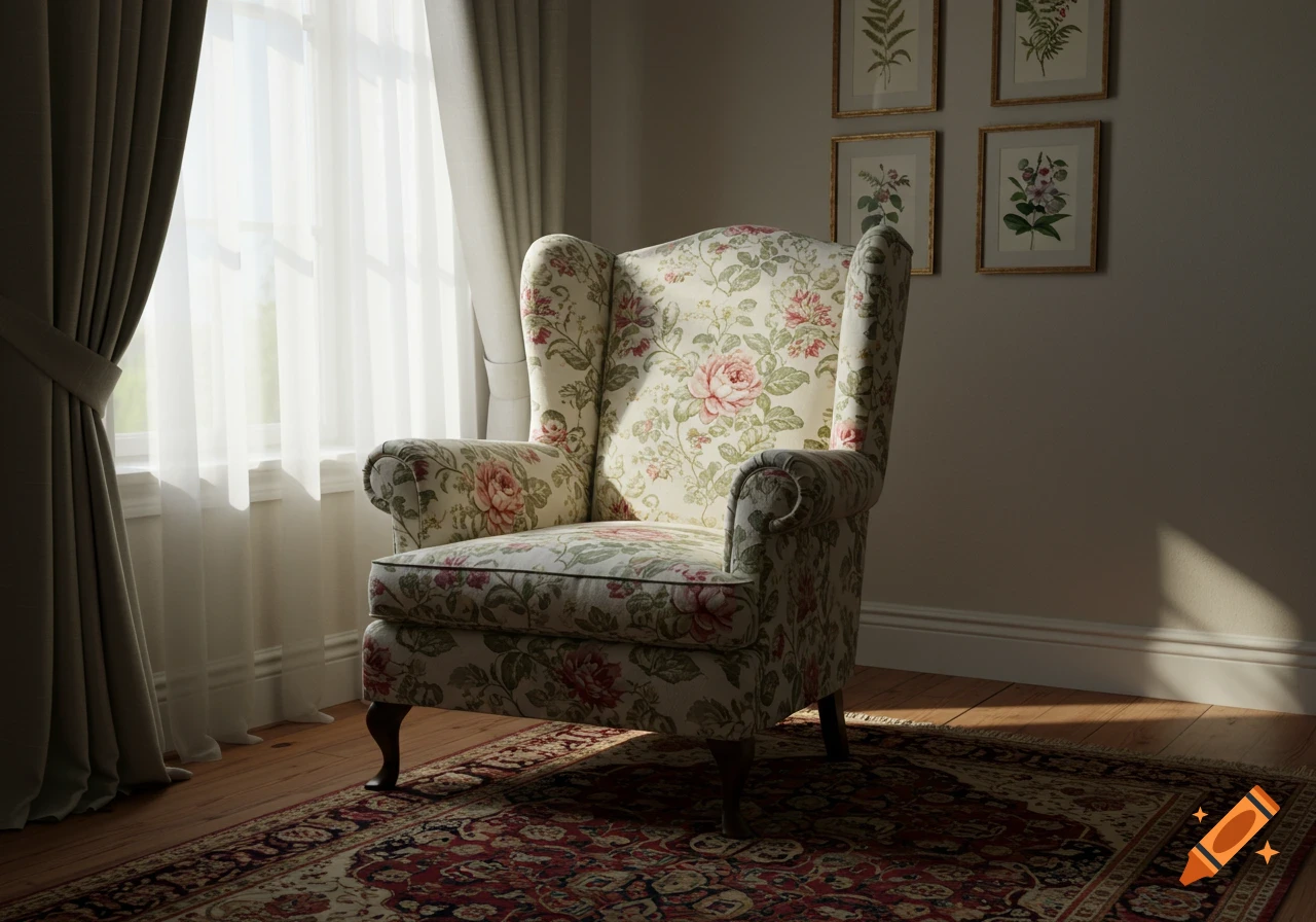 A floral armchair in a sunlit room with a window, sheer curtains, a vintage rug, and framed botanical prints.