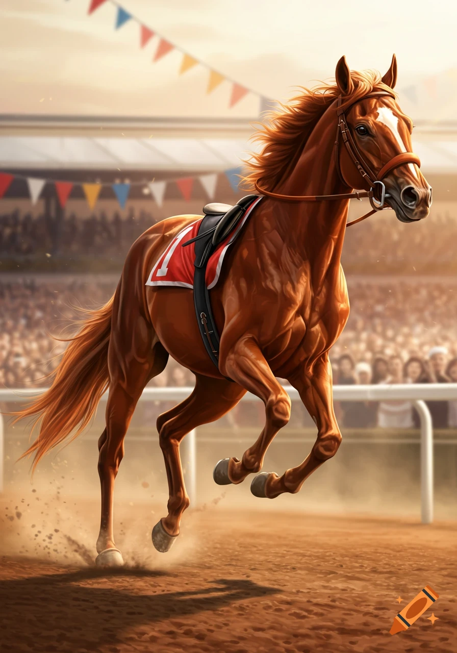 A powerful brown racehorse with a red saddle cloth bearing the number one gallops on a dirt track, kicking up dust, with a cheering crowd in the background.