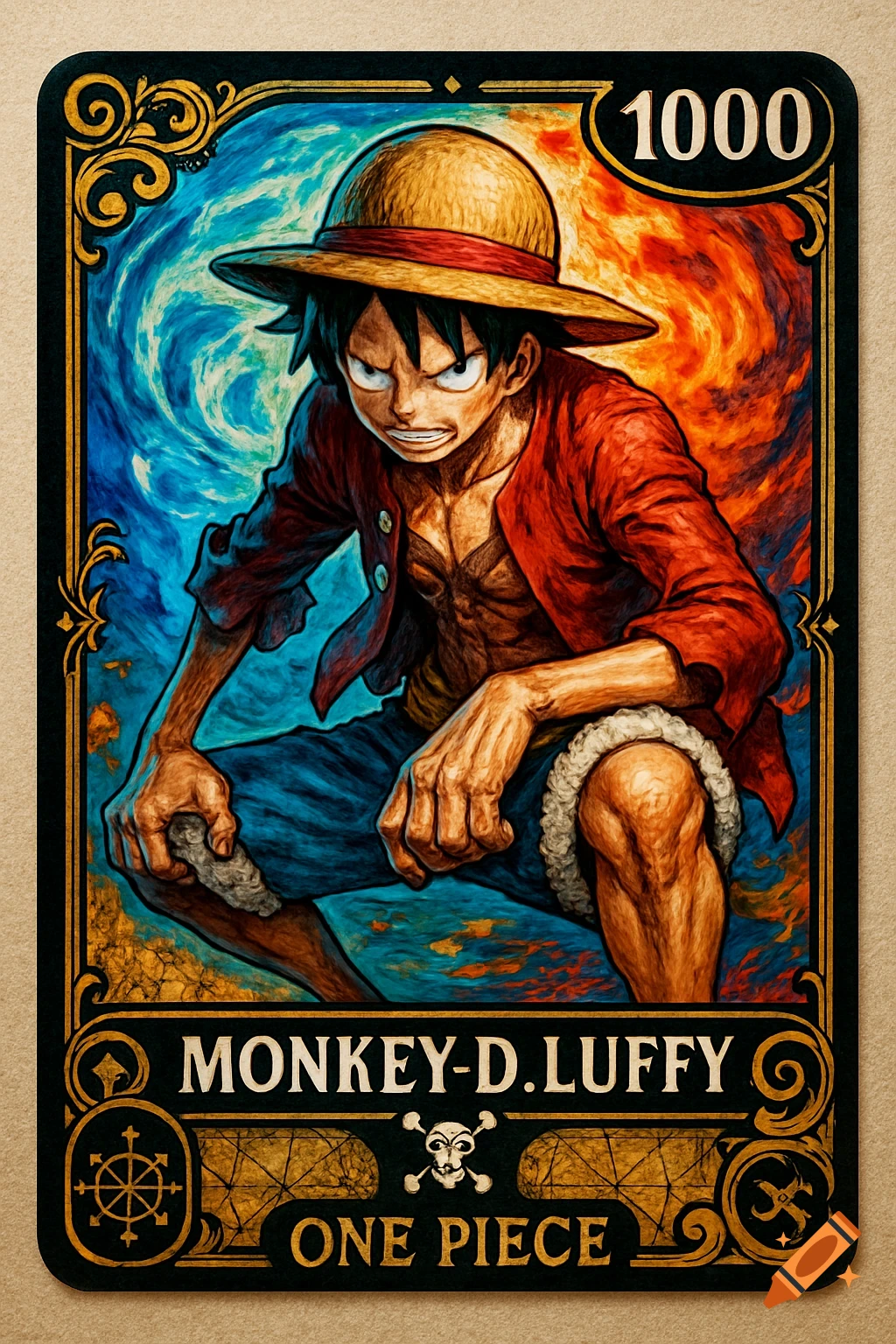 Monkey D. Luffy in an intense crouching pose on an anime trading card, against a swirling blue and red background.