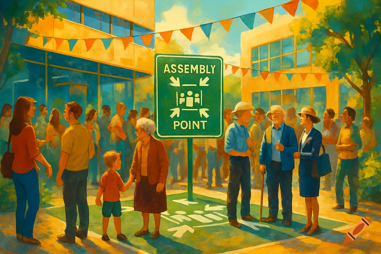 A painterly image of a diverse group of people gathered around a green 'Assembly Point' sign in an outdoor area between buildings.