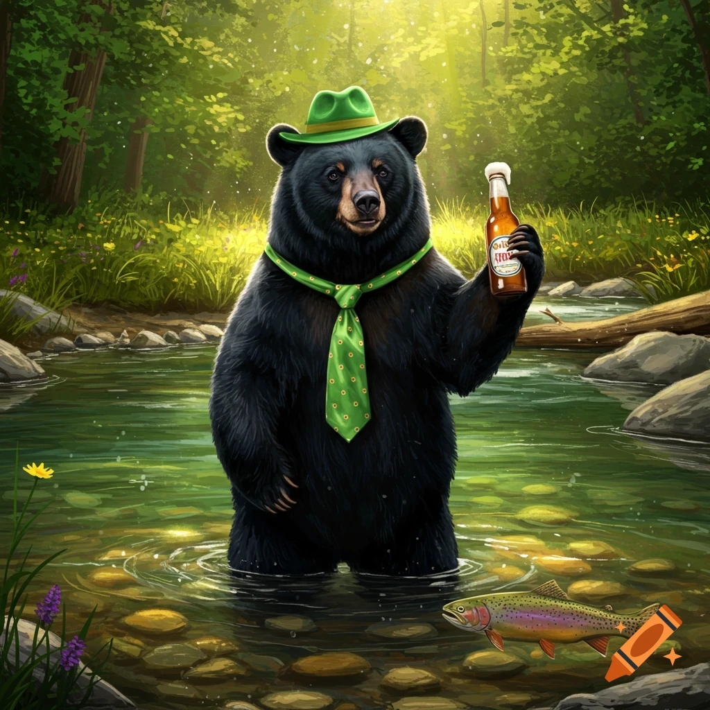A black bear in a green hat and tie stands in a forest river, holding a beer bottle, with a fish swimming nearby.