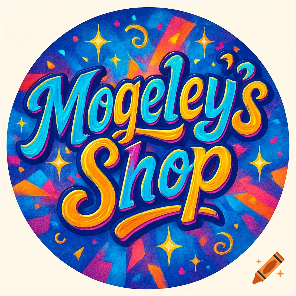 A vibrant, colorful circular logo with 'Mogeley's Shop' in stylized blue and orange script, set against a confetti-like background.