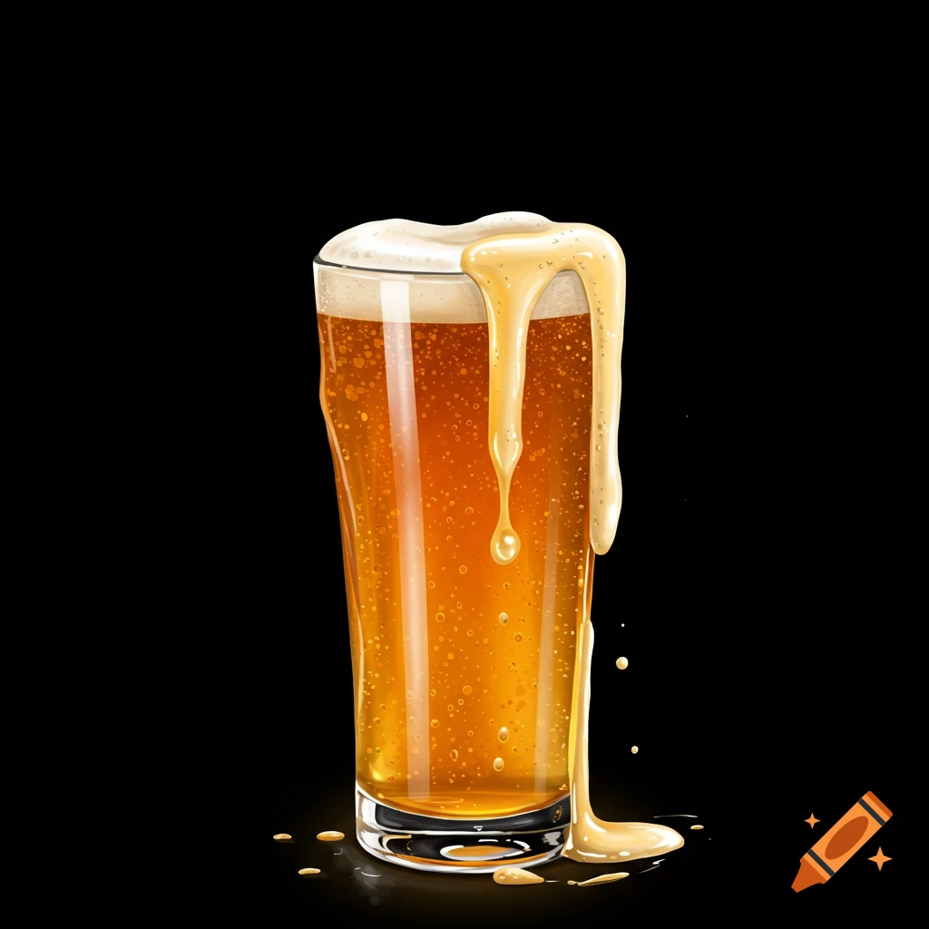 A realistic illustration of a glass of beer with foam spilling and dripping down its sides onto a black background.